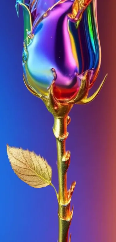 Colorful metallic rose with gradient blue background.