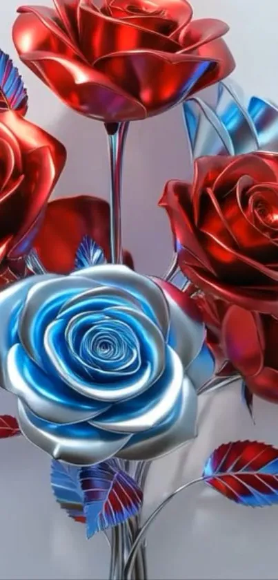 Metallic red and blue rose bouquet wallpaper