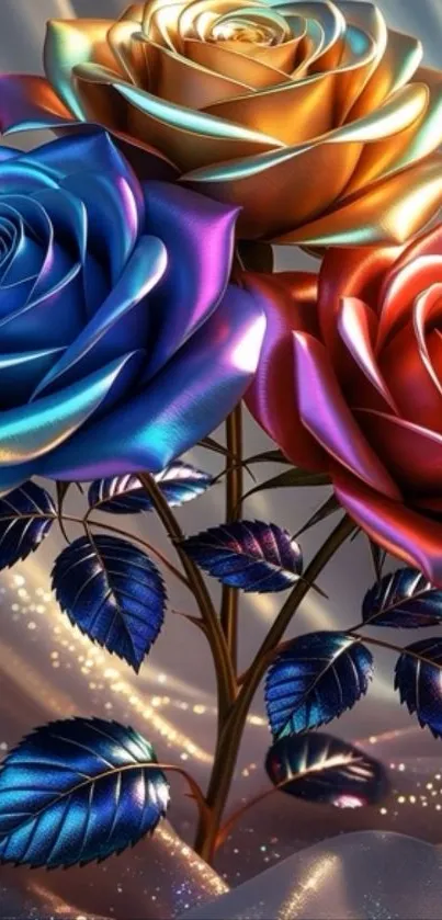 Colorful metallic roses with vibrant hues in digital art.