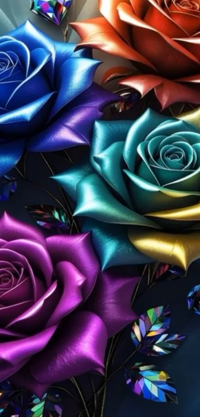 Vibrant and colorful metallic roses wallpaper.