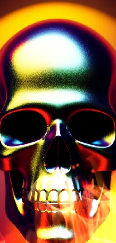 Vibrant metallic skull with gradient background.