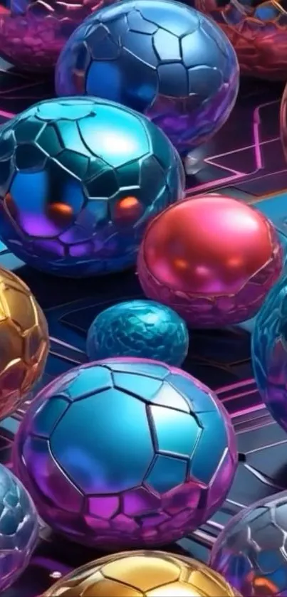 Colorful metallic spheres on a futuristic black background.