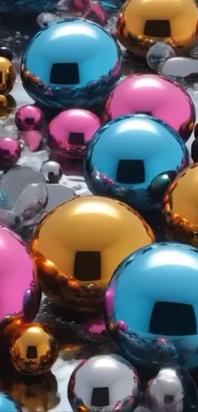 Colorful metallic spheres on a reflective surface.