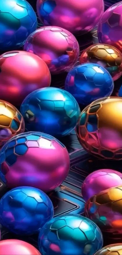 Colorful metallic spheres in vibrant pink, blue, and gold hues.
