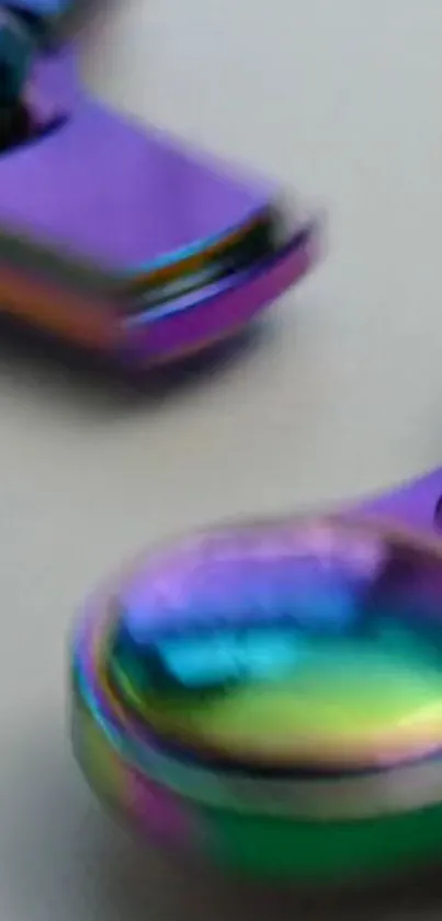 Close-up of a vibrant, metallic spinner with multicolor reflections.