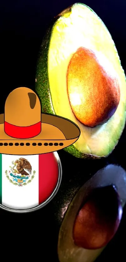 Vibrant avocado with Mexican cultural elements in artistic design.