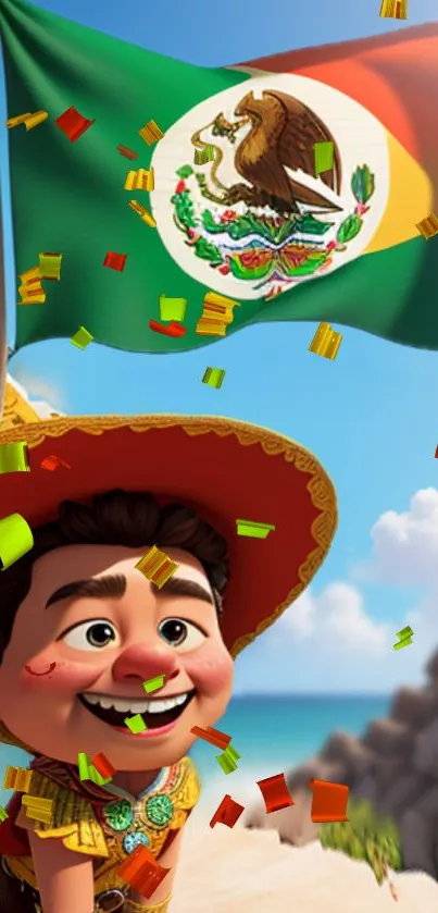 Animated child with Mexican flag and festive colors.