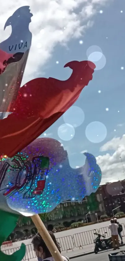 Colorful Mexican celebration art against a bright sky.