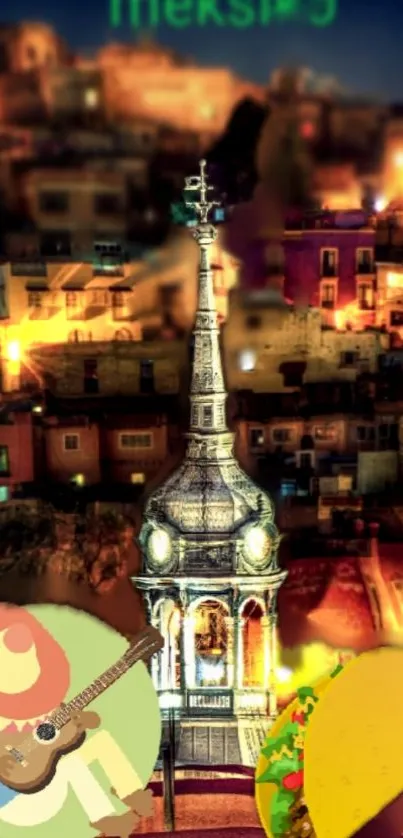 Colorful Mexican cityscape at night with festive elements.