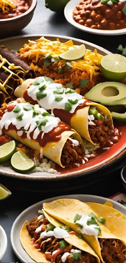 A vibrant spread of Mexican food including tacos and enchiladas.