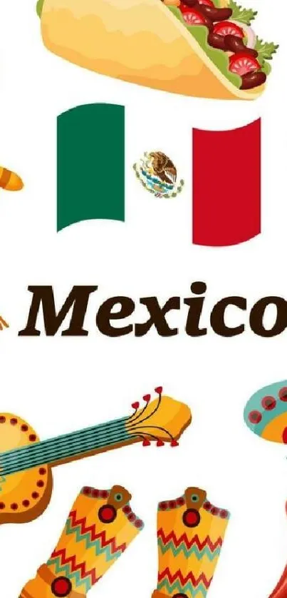 Mexican-themed wallpaper with cultural elements like tacos and flags.