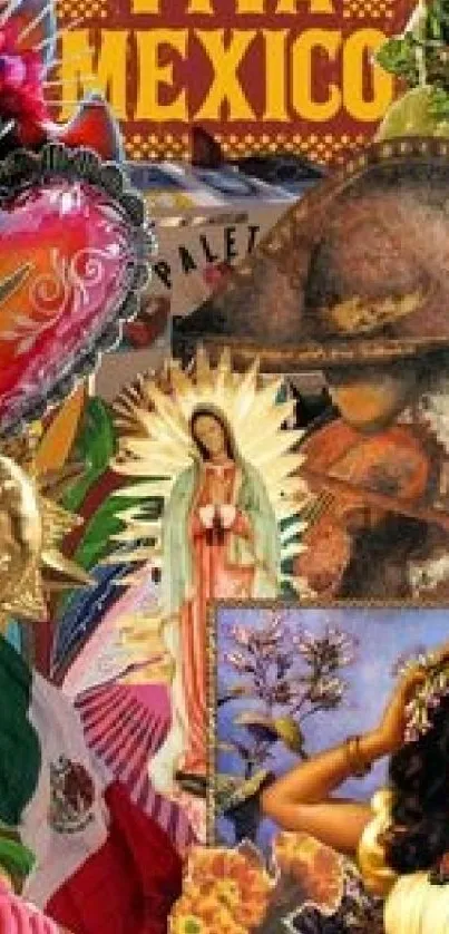 Vibrant Mexican cultural elements collage in an artistic wallpaper design.