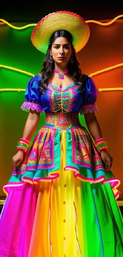 Colorful Mexican traditional dress with neon backdrop.