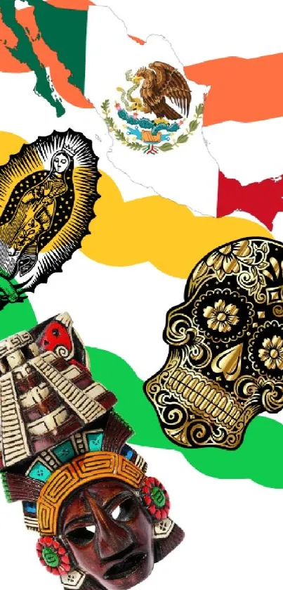 Vibrant Mexican culture wallpaper with colorful masks and symbols.