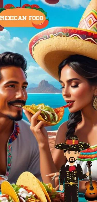 Colorful Mexican scene with vibrant traditional attire and cuisine.
