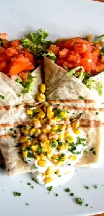 Colorful Mexican taco dish on a white plate with wooden table background.