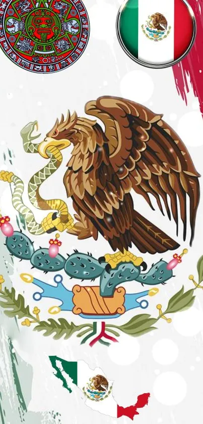 Mexican eagle emblem with flag colors on wallpaper.