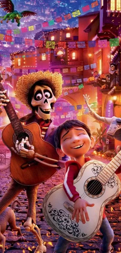 Colorful animated Mexican festival scene with vibrant characters and guitars.