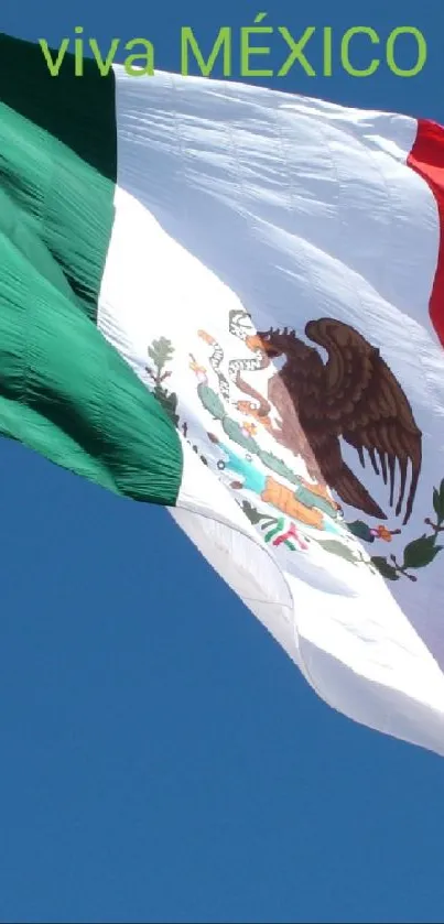 Mexican flag waving on a clear blue sky backdrop.