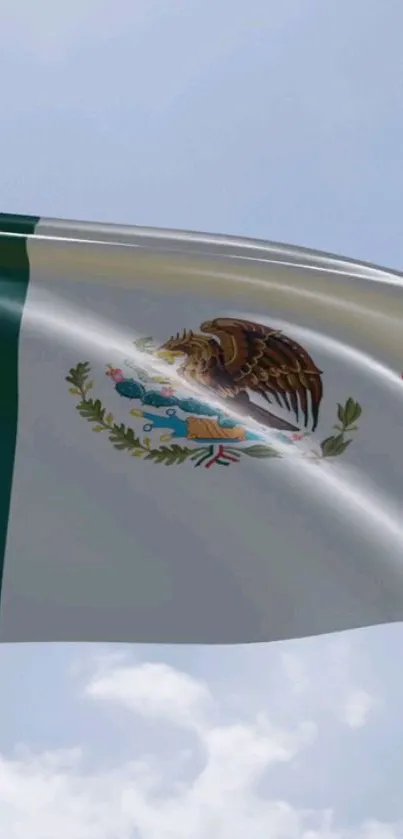 Mexican flag waving against a clear sky.