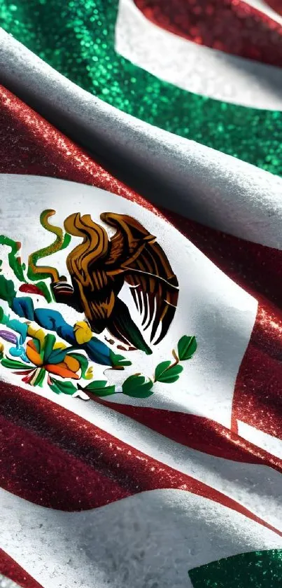 Mexican flag with an artistic eagle emblem, rich colors, and shimmering details.