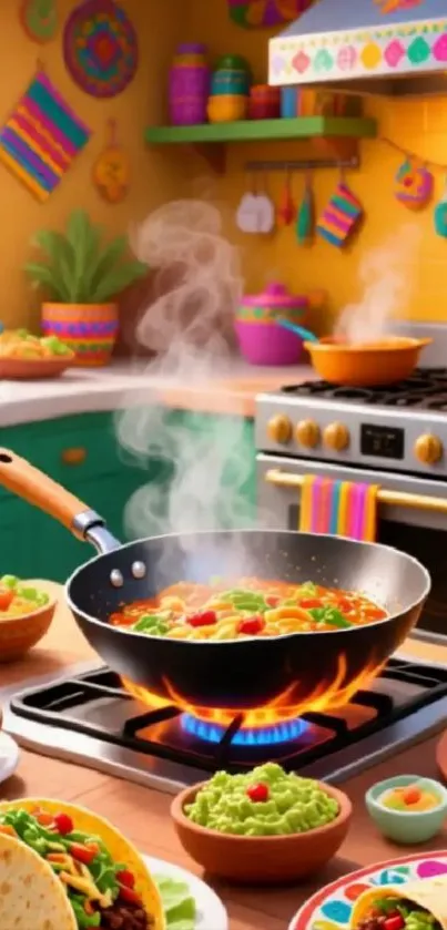 Vibrant Mexican kitchen with colorful dishes on stove.