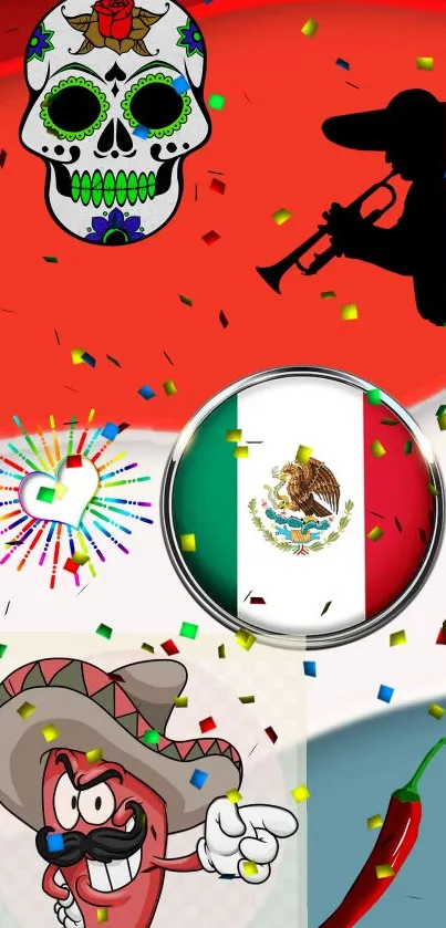 Colorful Mexican-themed wallpaper with flag and festive symbols.