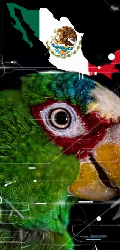 Vibrant Mexican parrot with a digital map and abstract circuit background.