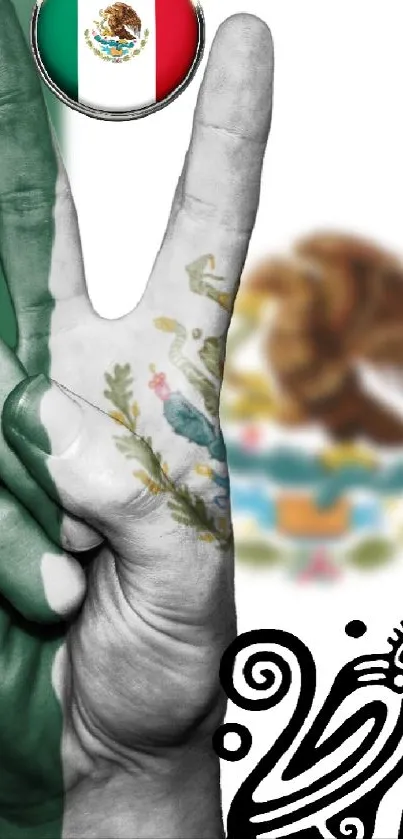 Mexican peace sign with cultural symbols.
