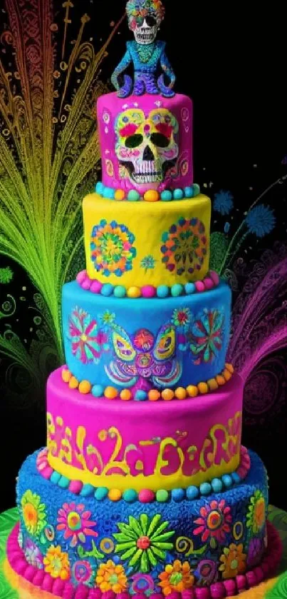 Colorful Mexican skull cake with vibrant neon hues and intricate patterns.