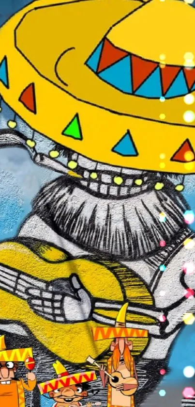 Mexican mural with skeleton playing guitar.
