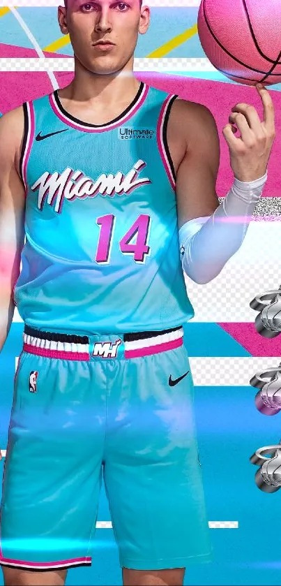 Basketball player in bright Miami uniform with pink ball on colorful court.