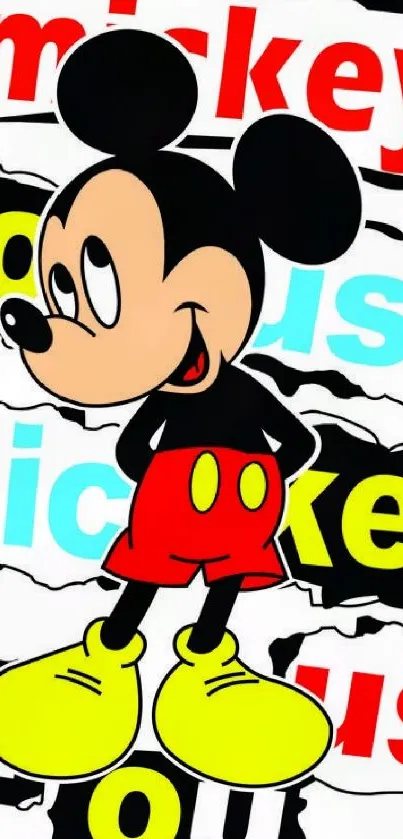 Mickey Mouse with colorful graphic text background.