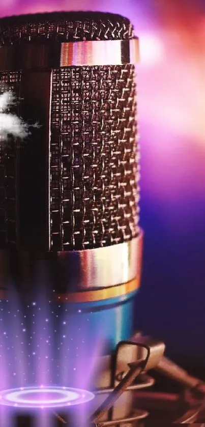 Artistic microphone with purple and pink glow in the background.