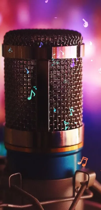 Colorful microphone with musical notes wallpaper.