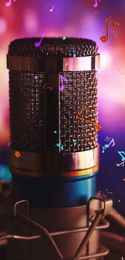 Microphone with colorful music notes floating around.