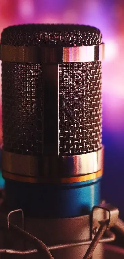 Close-up of a vibrant microphone with colorful blurred background lights.