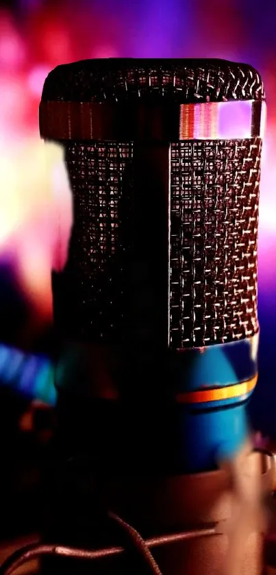 Vibrant microphone with colorful lights background wallpaper.