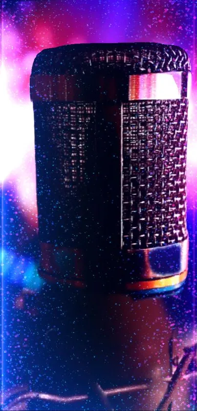 Vibrant neon-lit microphone with starry effects on a mobile wallpaper.