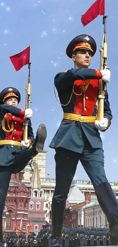 Soldiers Marching in Colorful Parade with Historic Buildings