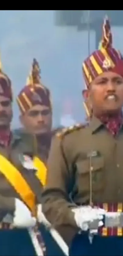 Soldiers in vibrant traditional uniforms marching during a grand parade.