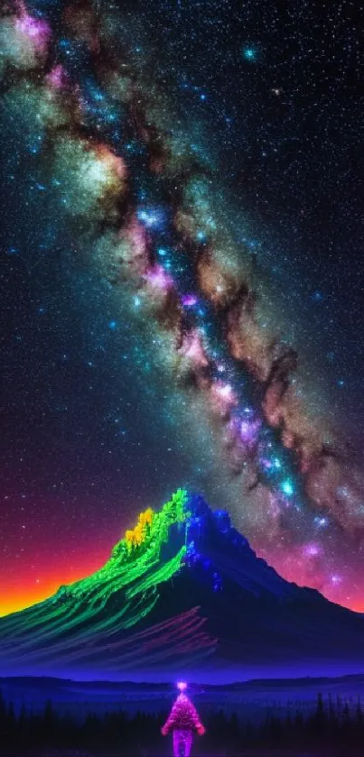 Colorful Milky Way over a glowing mountain in a surreal landscape.