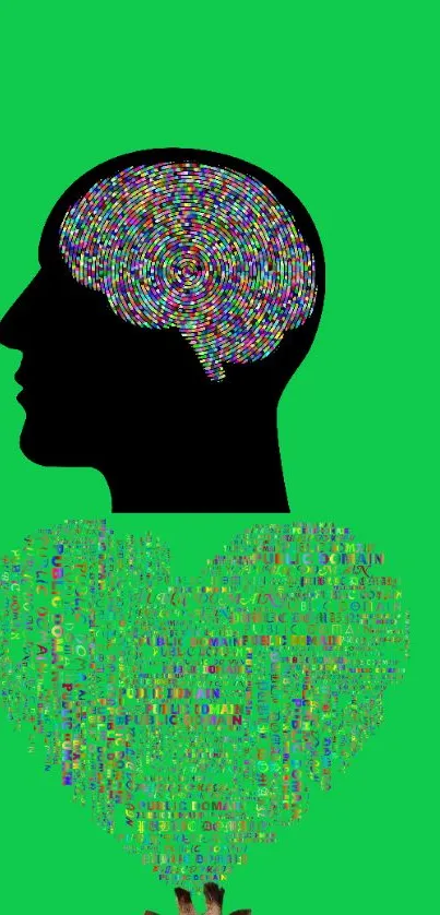 Silhouette with colorful spiral brain and heart on green background.