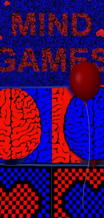 Bright red and blue artistic mobile wallpaper with brains and a balloon.