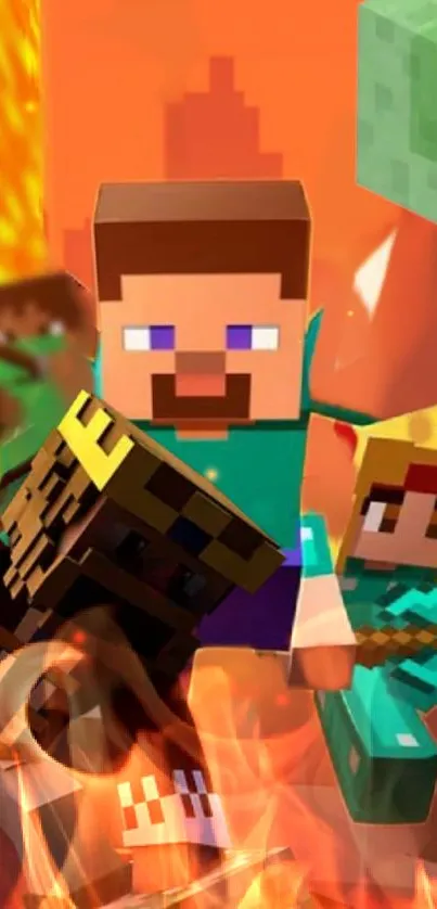 Minecraft characters in a fiery, vibrant adventure scene.