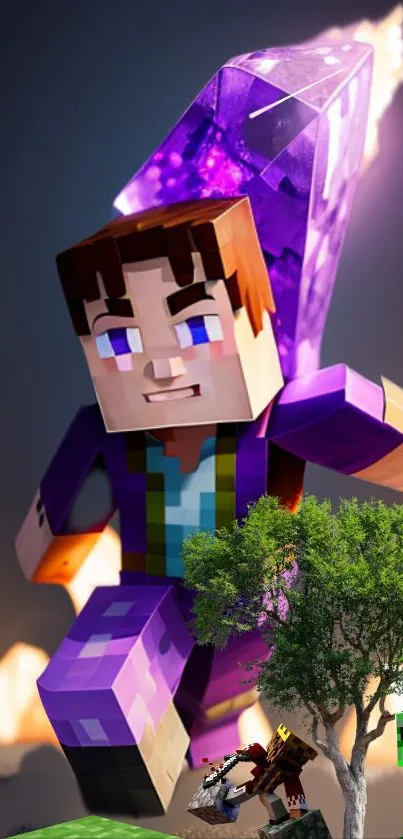 Minecraft character in purple armor with dynamic background.