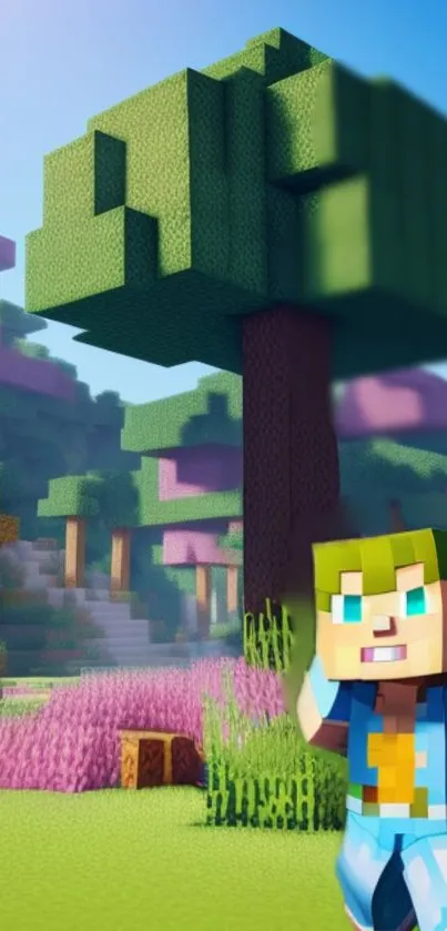 Vibrant Minecraft pixelated character under a block-style tree.