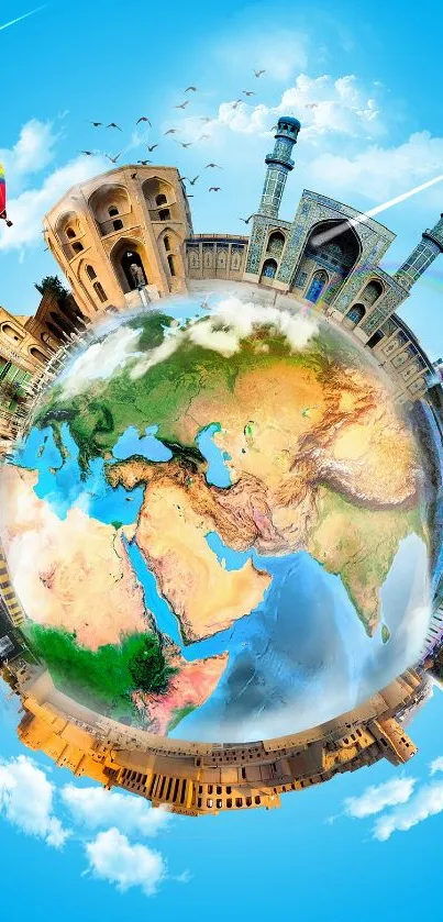 A miniature world globe with iconic landmarks on a vibrant blue background.