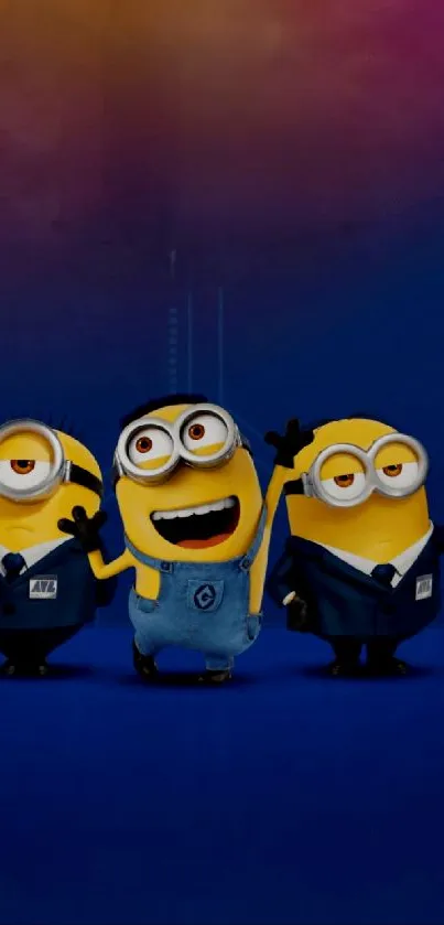 Three happy Minions on a blue background.