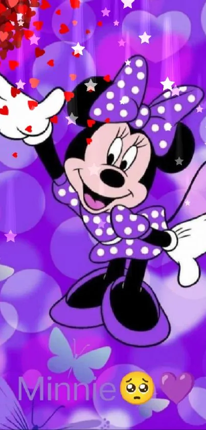 Minnie in purple with hearts and butterflies background.